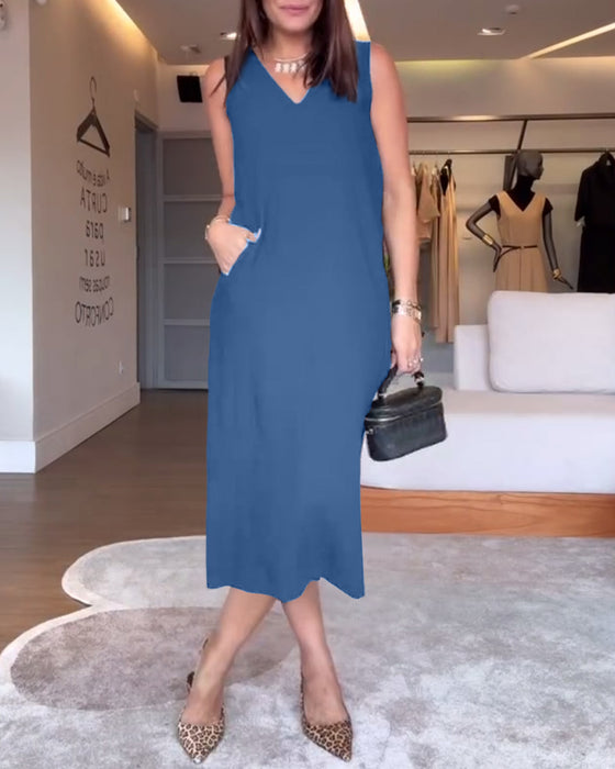 Kjole avslappet v-hals ermeløs ensfarget splitt