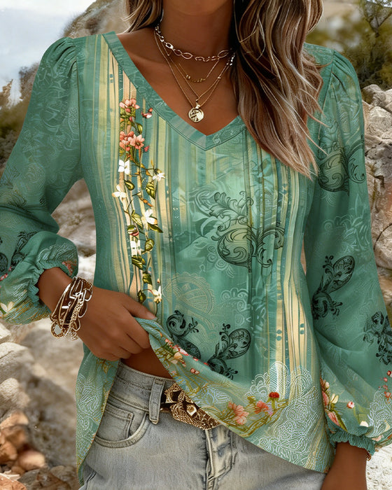 Bluse Blomstret V-Hals Pufferme