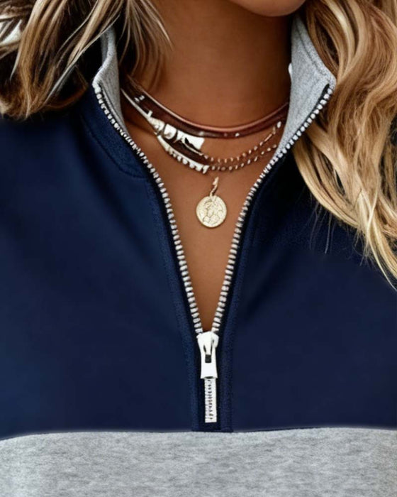 Langermet Sweatshirt Med Halvglidelås Og Fargeblokk