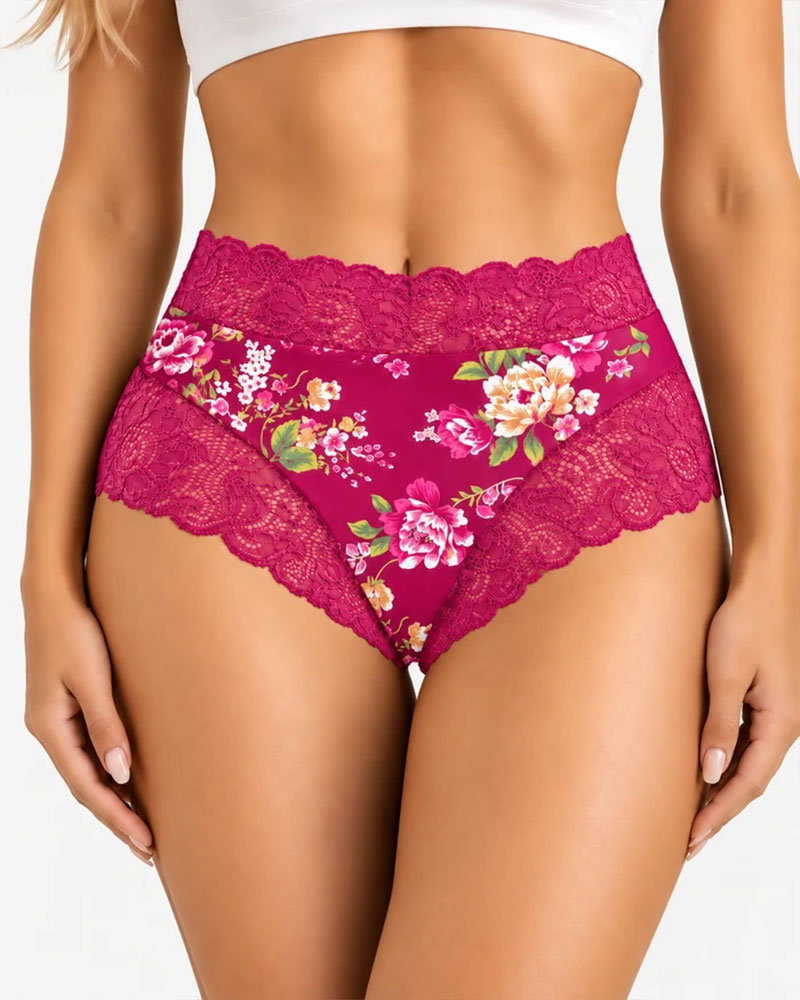 Truser 3-Pack Høy Midje Blomstret Trykk Blonde Kant