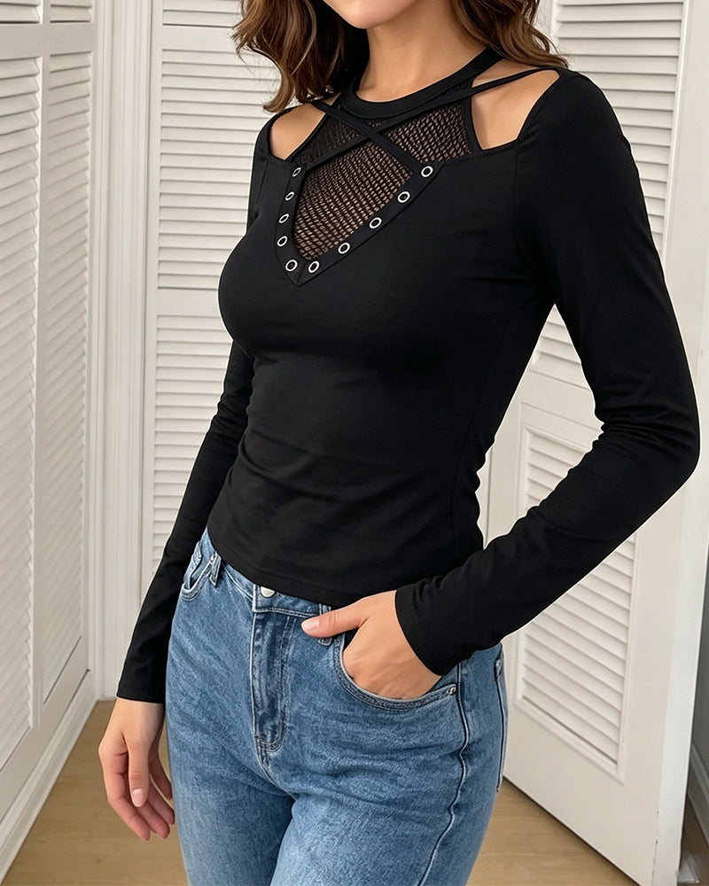 Bluse Rund Hals Off-Skulder Utskjæring Cross Over Slim