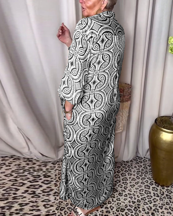 Vintage printet maxikjole med jakkeslag og lomme