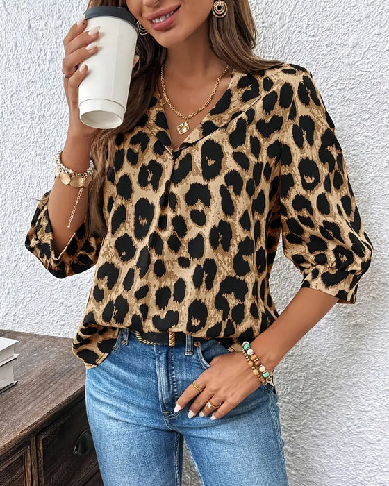 Bluse Halvlange Ermer Leopardprint Løs