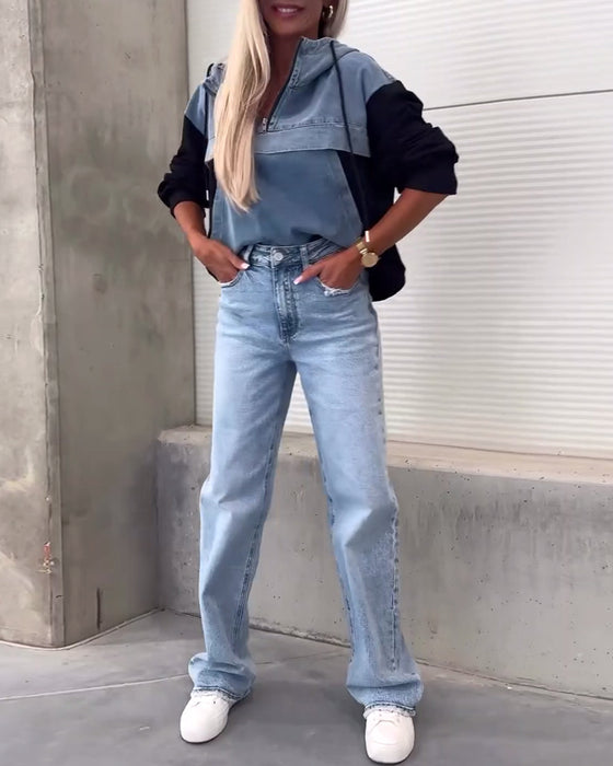 Uformell hettegenser med patchwork i denim med glidelås