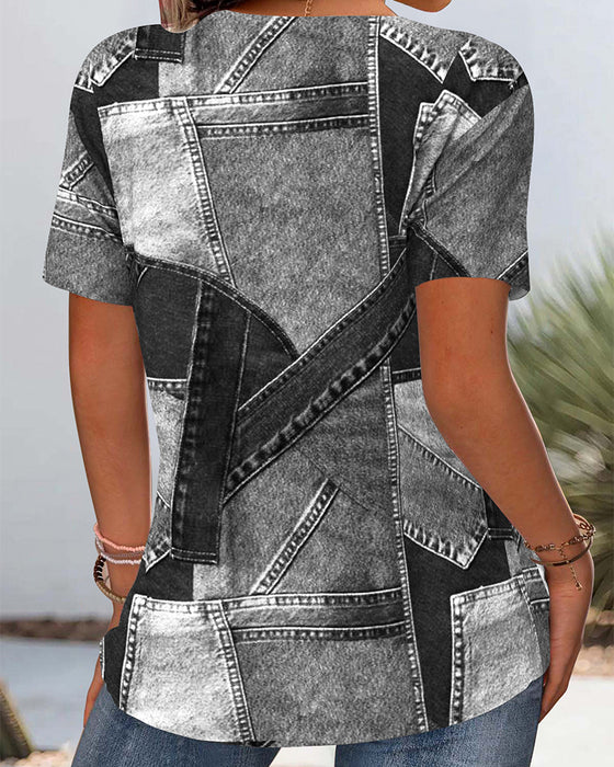 Bluse Vintage Denim Kontrast Utskjæring