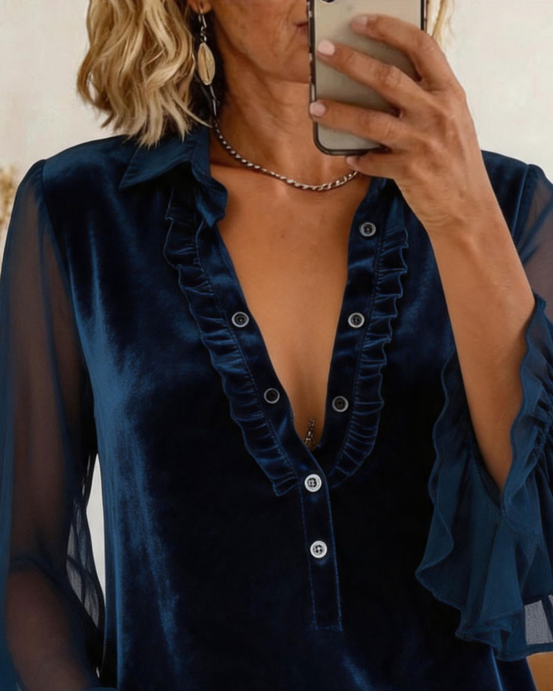 Bluse Fløyel Patchwork Rynket Erme