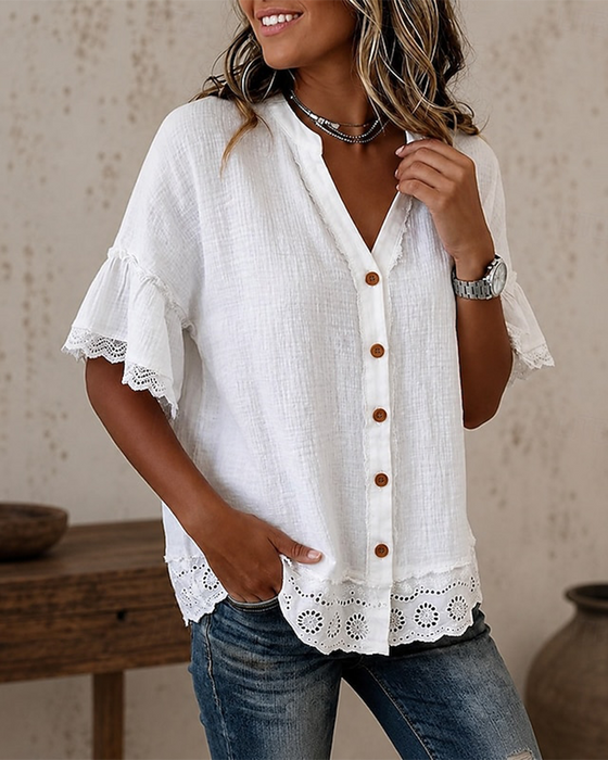 Bluse V-hals Blonder Patchwork Knapp
