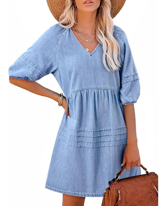 Kjoler Denim V-Hals Puff Erme