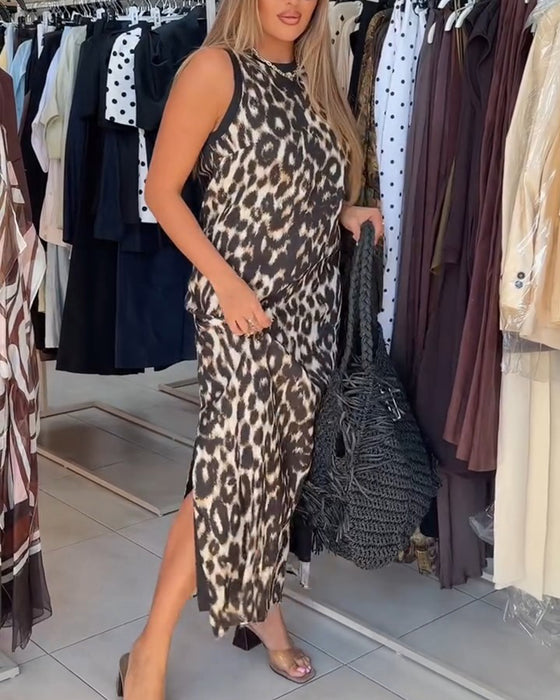 Kjole Rundhalset Leopardmønster Ermeløs Maxi