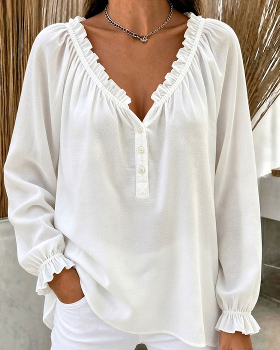 Bluse Ruffle Kant Lang Erme V-Hals
