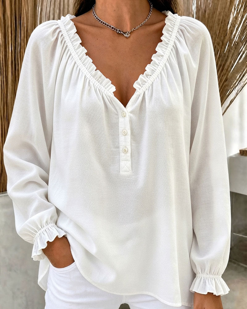 Bluse Ruffle Kant Lang Erme V-Hals