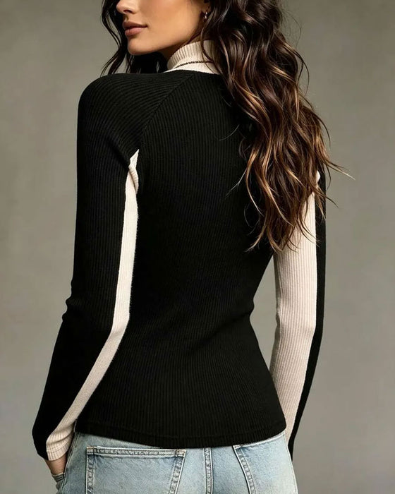 Topp Kontrastfarge Patchwork Halv Turtleneck