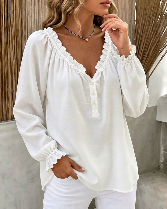 Bluse Ruffle Kant Lang Erme V-Hals