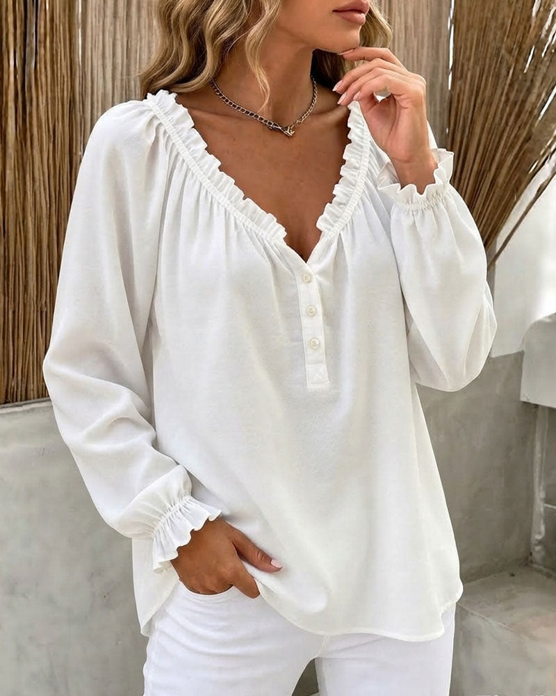 Bluse Ruffle Kant Lang Erme V-Hals