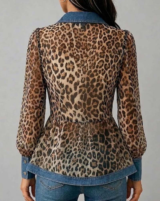 Bluse Denim Leopard Patchwork Midjekniping