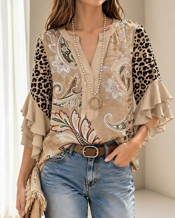 Bluse Leopard Trykk Panel Ruffle Erme