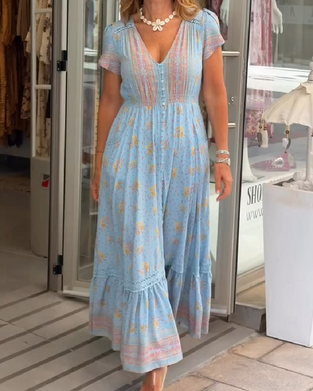 Kjole Blomstret Lang Midjedefinert