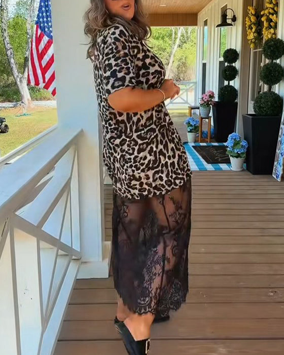 Kjole Stilig Kort Erm Leopard Trykk