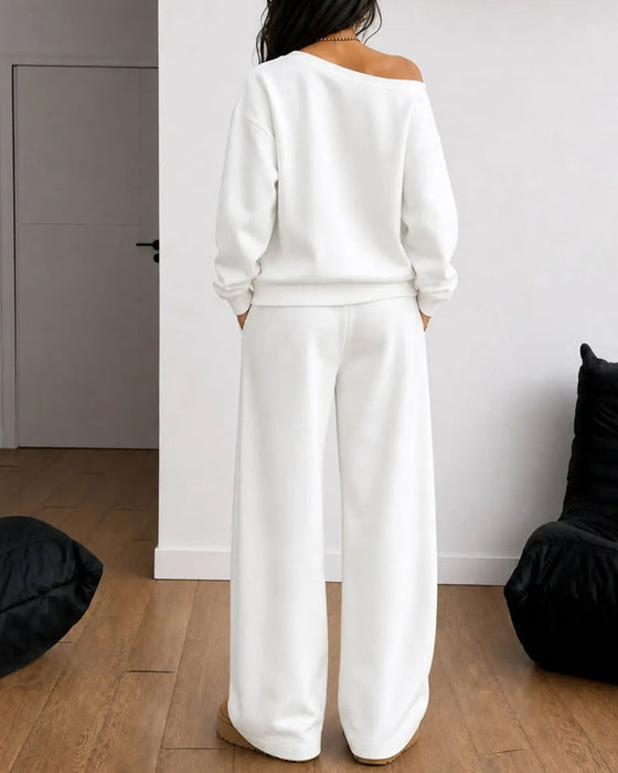 Sett En Skulder Casual Sweatshirt Lange Bukser