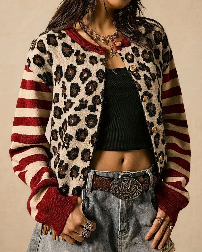 Cardigan Leopardstripe Fargeblokk Knapp