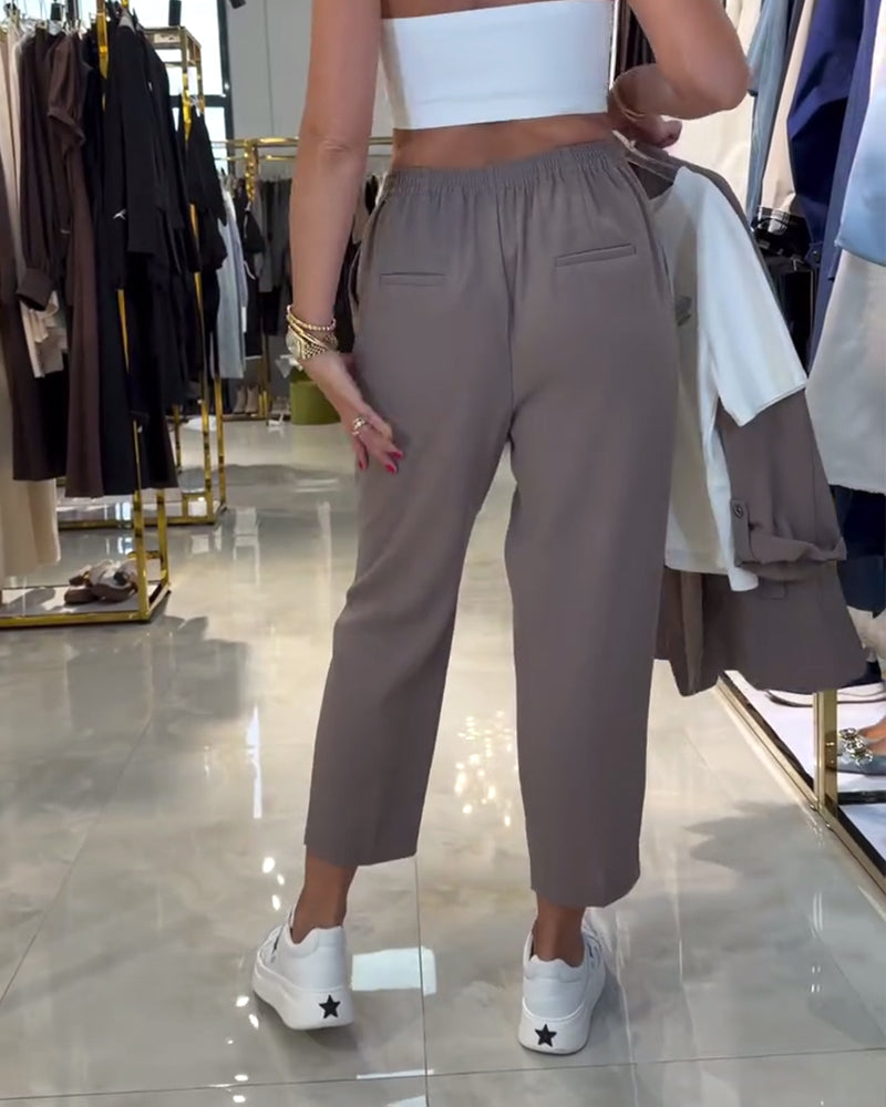 Bukse Ensfarget Høy midje Snøring Hverdagslig