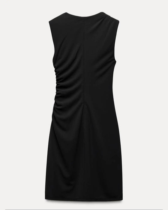 Kjole Ensfarget Rund Hals Uten Ermer Draperte Asymmetrisk