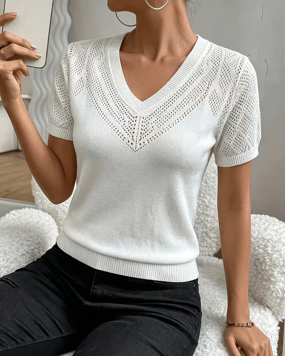 Pullovers Med V-Hals, Hulmønster, Ensfargede, Figurtilpassede