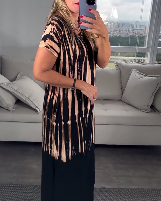 Kjole avslappet kortermet splitt rund hals trykt