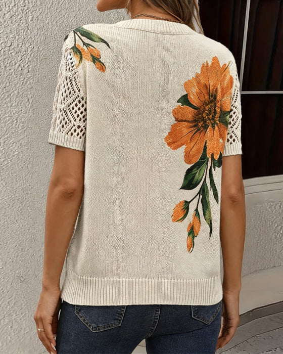 Pullover V-Hals Strikket Blomstret