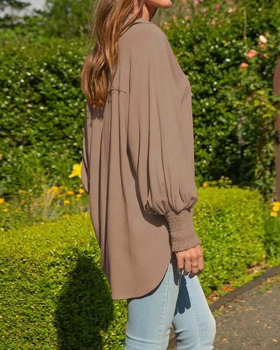 Bluse Løs Lomme Ensfarget Elastisk-Erme