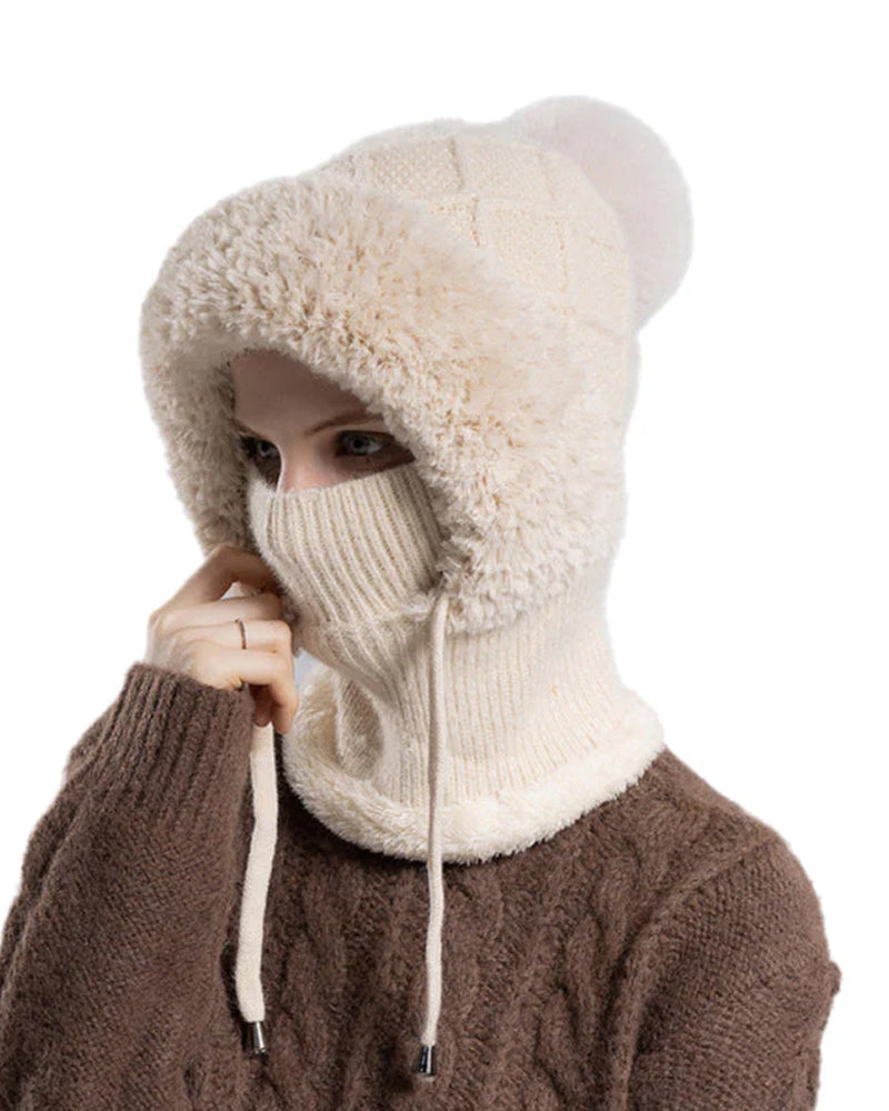 🔥Stilig Tykkstrikket Vinterlue – Med Varmt Ansiktsskjold Og Skjerf🧣