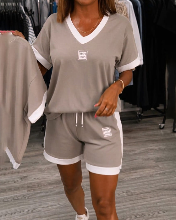 Set V-Hals Kontrasttrykt Kortermede Shorts