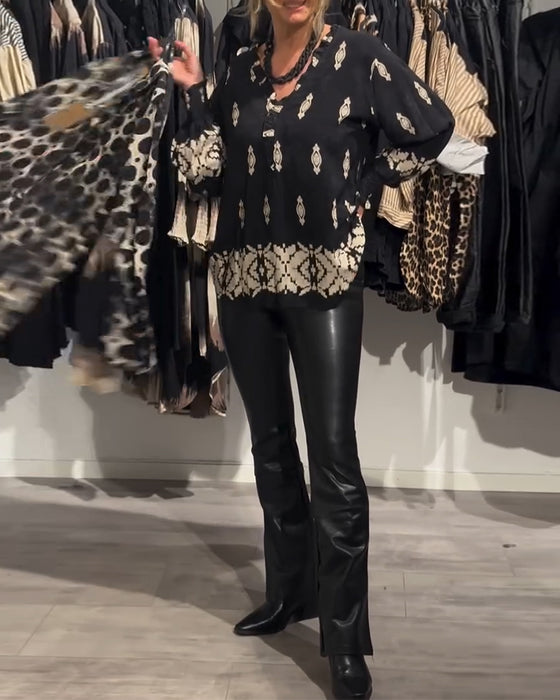 Skjorte v-hals lanterne erme trykt