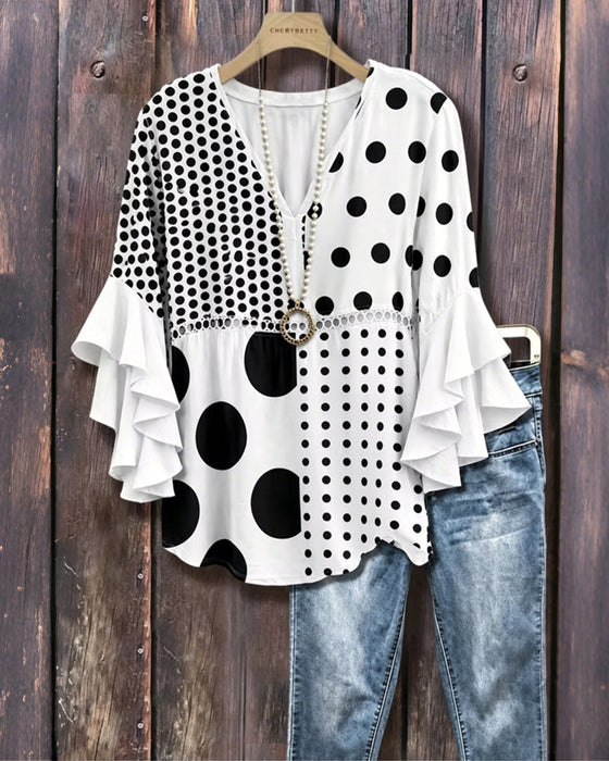 Bluse Blandet Prikket Patchwork Ruffle