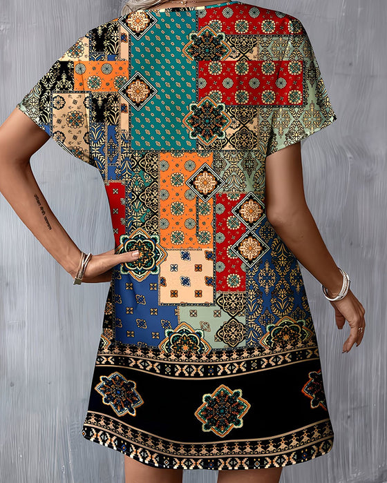 Kjole Etnisk Fargeblokk Kort Erm