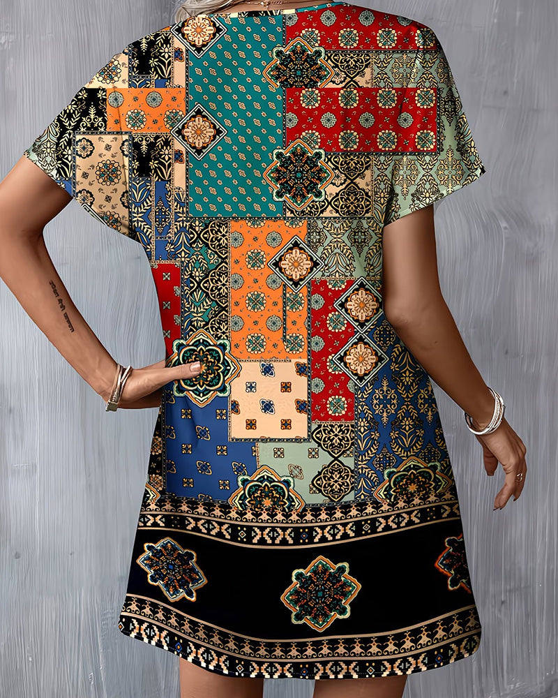 Kjole Etnisk Fargeblokk Kort Erm