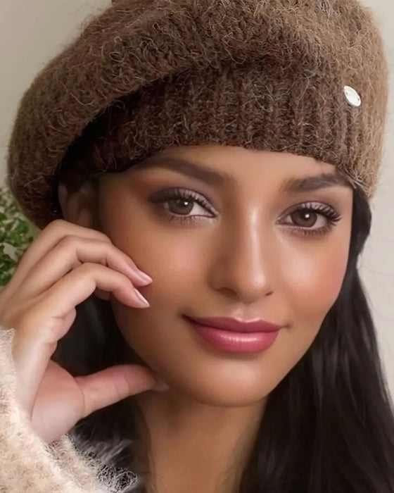 Dame Ensfarget Strikket Beret Lue