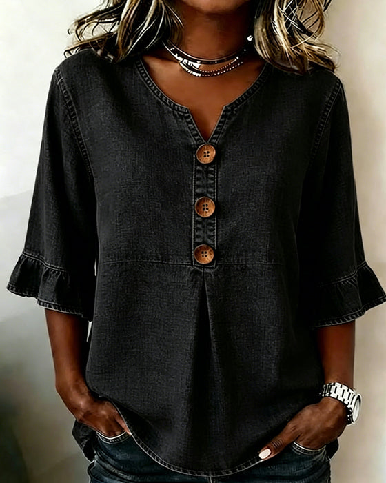 Bluse V-utringning Utsvinget Erm Denim