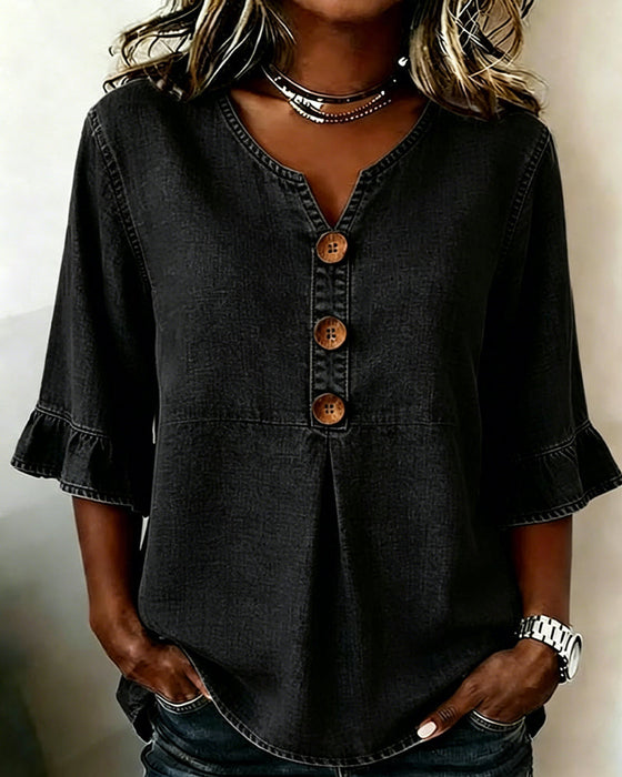 Bluse V-utringning Utsvinget Erm Denim