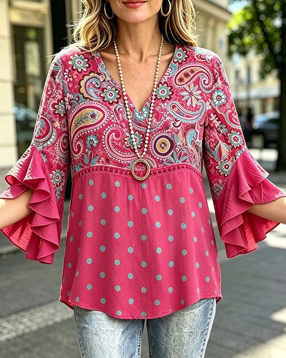 Bluse V-Hals Blomstrende Prikket Ruffle