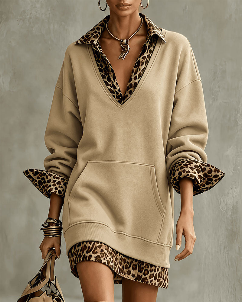 Kjole Krage V-Hals Leopardmønster Sweatshirt
