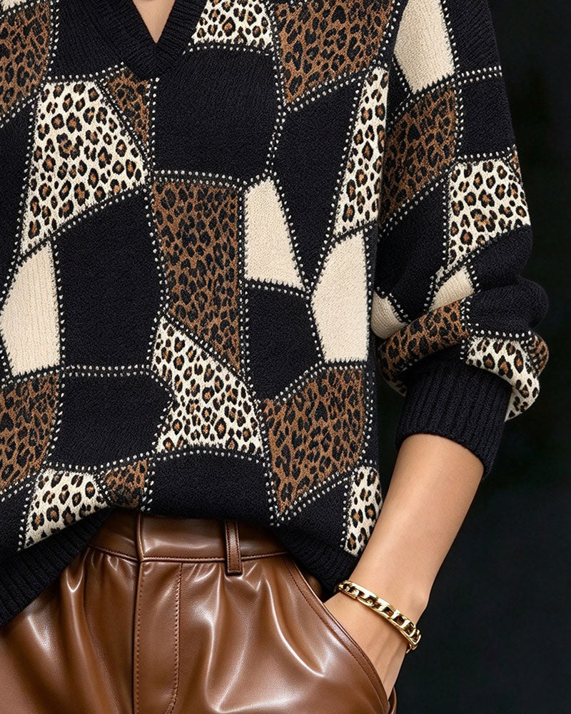 Pullover Kraget V-Hals Leopardmønster Fargeblokk