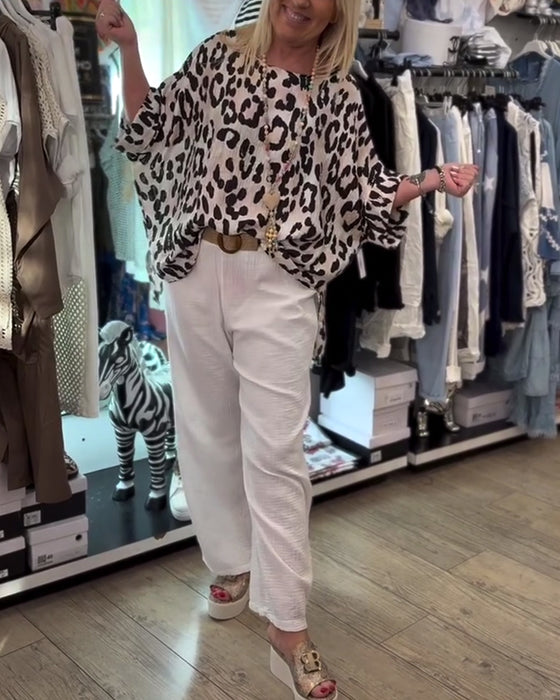 Bluse Med Rund Hals Leopardmønster Løs
