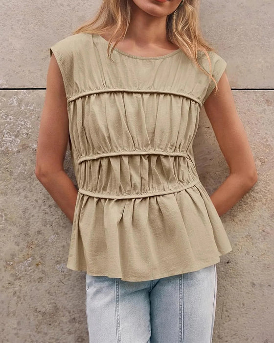 Bluse Rund Hals Rynket Midje