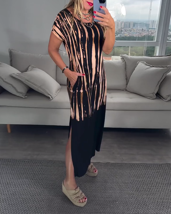 Kjole avslappet kortermet splitt rund hals trykt