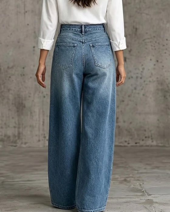 Bukser Knapp Lomme Bredbent Denim Lang