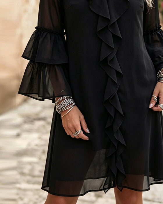 Kjole Ruffle Flare Erme V-Hals