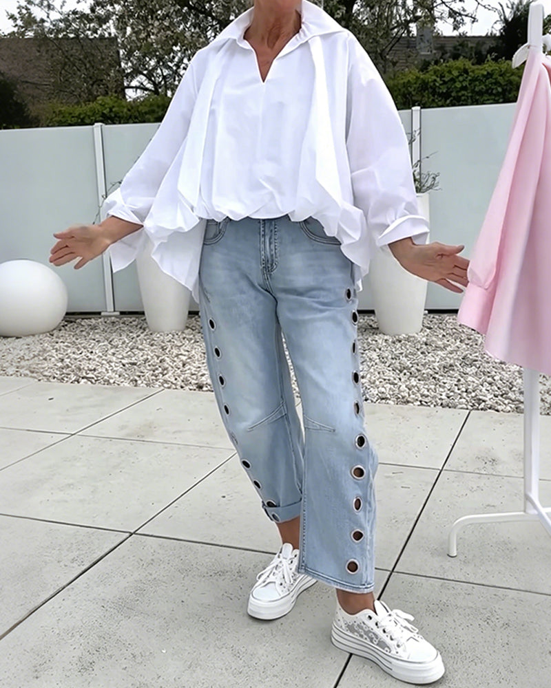 Oversized Bluse Med V-Hals Og Fallende Skuldre
