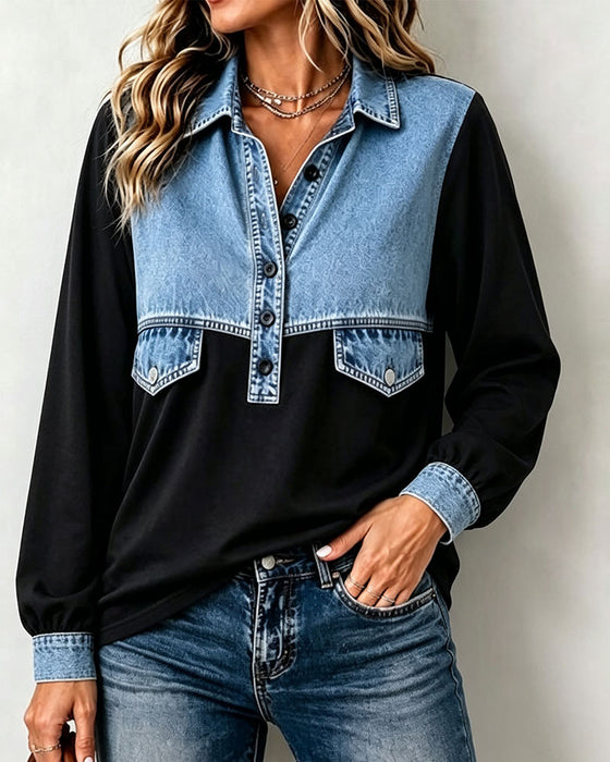 Sweatshirt Skjortekrage Lomme Patchwork