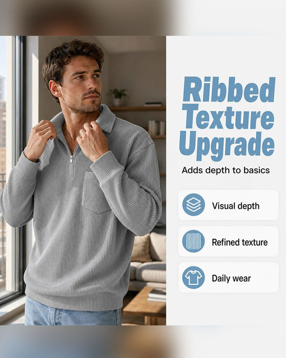Sweatshirt Ribbet Halv Glidelås Krage Lang Erme